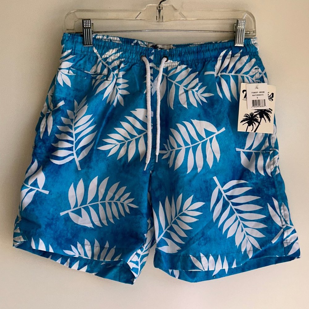 NWT Trunks Surf & Swim Men's Blue & White 6" Leaf Print Swim Trunks Shorts SMALL